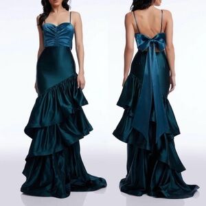 NEW Dress The Population Clarice Ruffled Tiered Maxi Dress Pine Green Sz XS